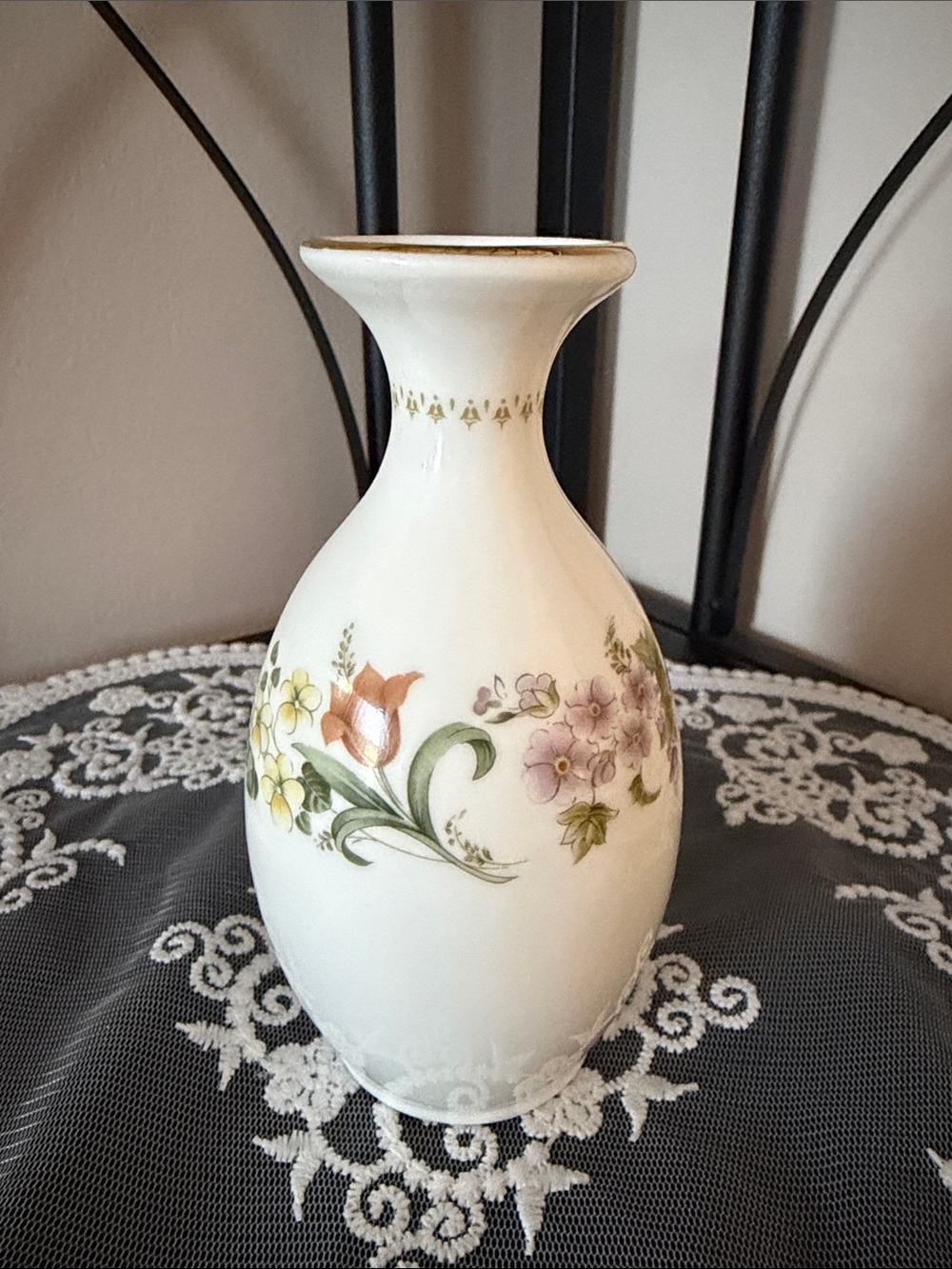 Wedgwood White Porcelain Bud Vase with Floral Motif and Gold Trim